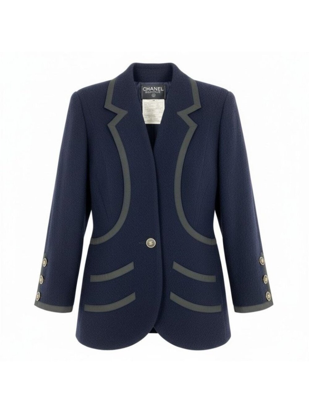 Chanel Cd9 Vintage Tweed Jacket Tailored CC Logo 36 Navy Wool